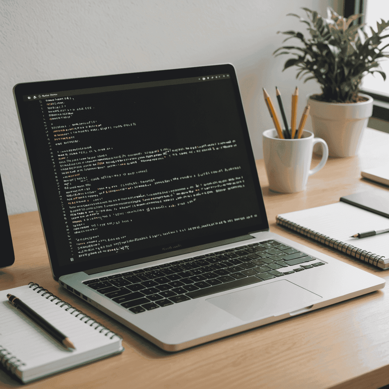 Imagen de un escritorio con una computadora mostrando código en la pantalla, junto a un cuaderno y un lápiz, representando el inicio de un proyecto de programación