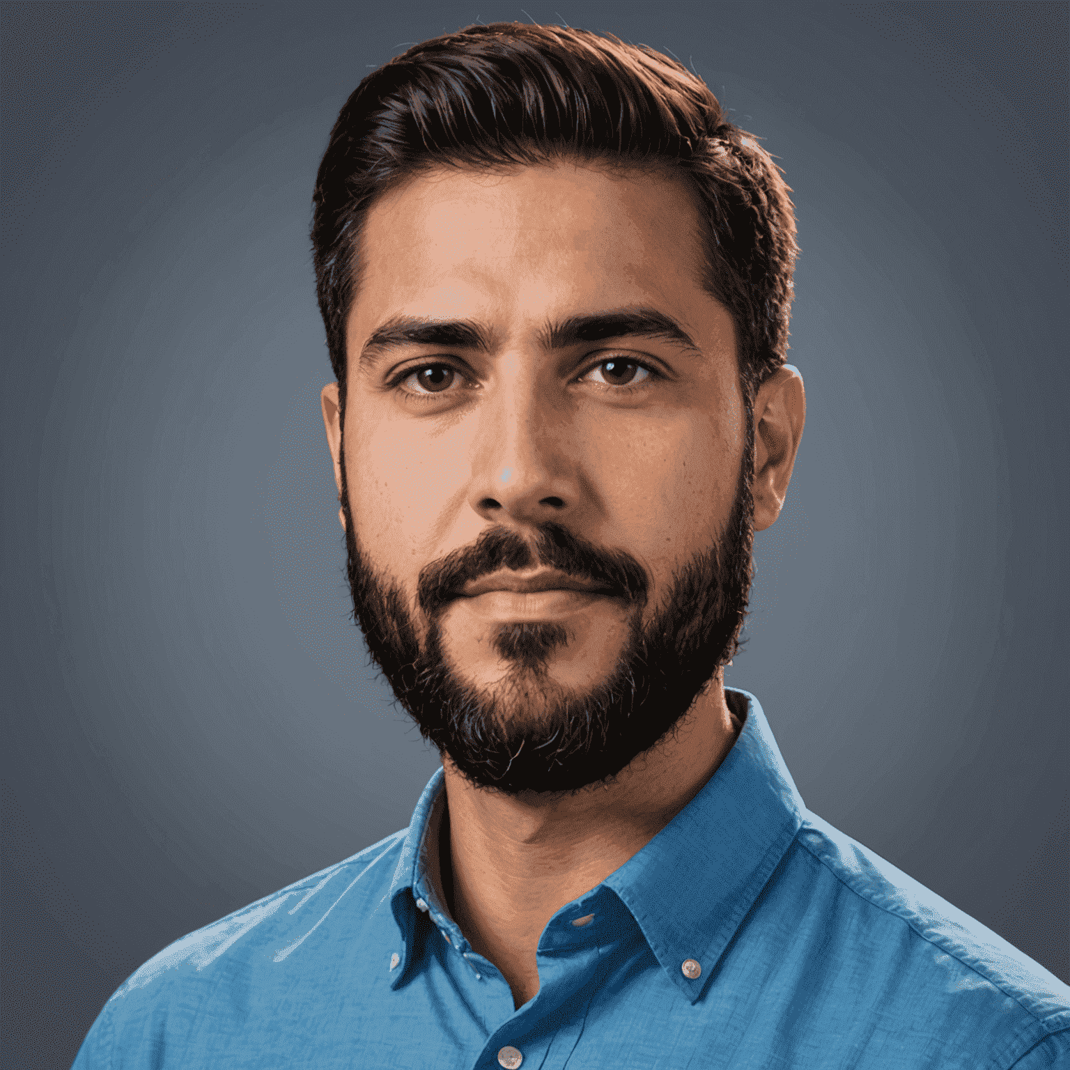 Foto de perfil de Carlos Rodríguez, experto en desarrollo web con barba y camisa azul