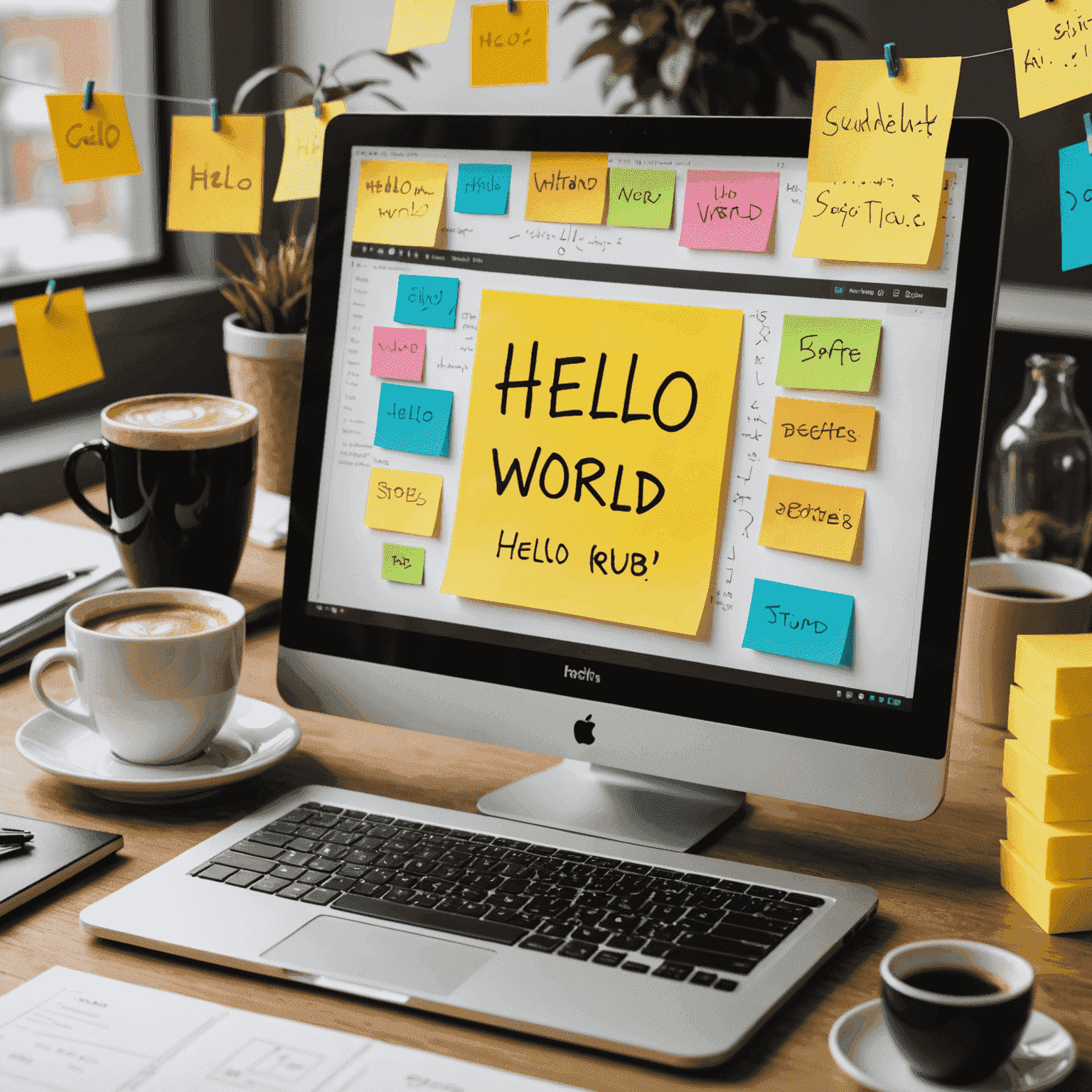 Una imagen que muestra una pantalla de computadora con un 'Hola Mundo' escrito en código, rodeada de notas adhesivas con conceptos de programación y una taza de café.