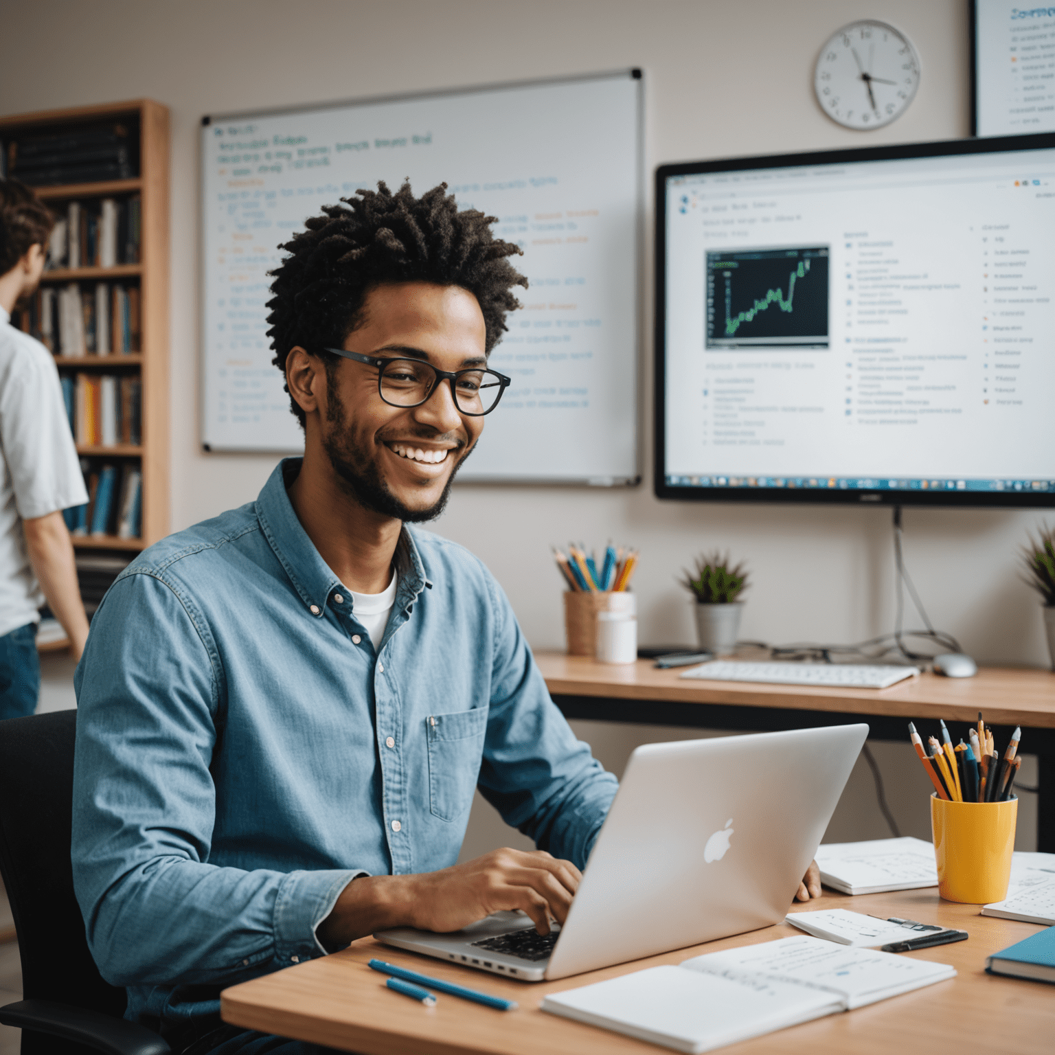 Imagen de un estudiante feliz programando en su laptop, rodeado de libros de programación y una pizarra con código