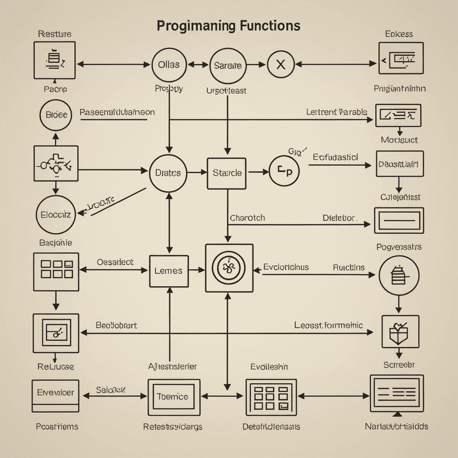 Una imagen que muestra diagramas simples representando variables, bucles y funciones en programación